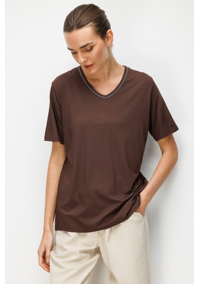 Desen Triko Kadın V Yaka Yaka Kenarı Zincirli Penye T-shirt 26707 Kahverengi Kahverengi