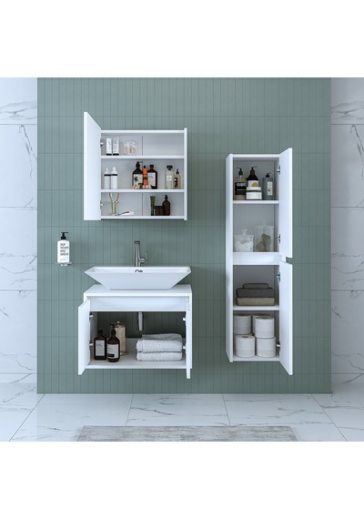 Banos Banyo Roomart Lavabolu Mat Beyaz Mdf 65 Cm Banyo Dolabı+Ayn Mat Beyaz