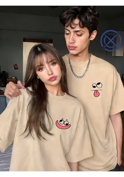 Nevermind Sevgili Kombini Tişört 2 Li Set Unisex Minimal Yüz Baskılı Çift T Bej
