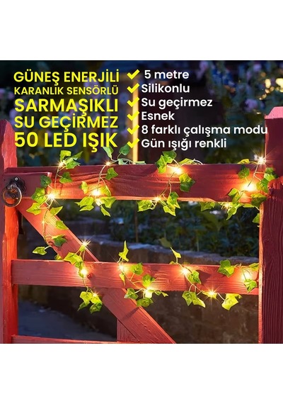 Upway 5 Metre Doğal Sarmaşık Yapraklı Su Geçirmez Dekoratif 50 Led Lamba Sarı