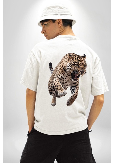 Jaguar Sırtından Çıkan Beyaz Oversize Unisex Ön Ve Sırt Baskılı Tişört Beyaz