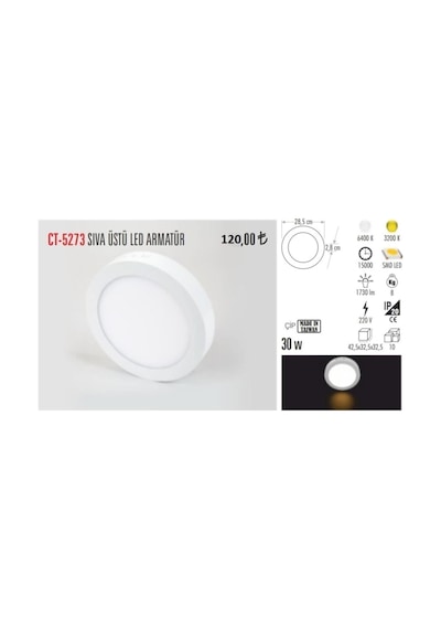 Ayrex Cata 30 Watt Sıva Üstü Yuvarlak Panel Led Armatür Ct-5273 Beyaz Işık Diğer