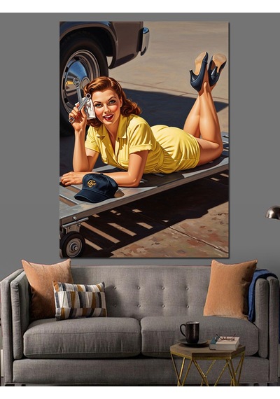 Oto Tamirci Pin Up Kadın Vintage Araba Dekoratif Kanvas - Mdf Ahşap Tablo