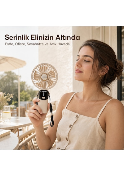 Mkio Şarjlı El Vantilatörü 5 Kademeli, Katlanabilir Dijital Ekranlı Mini El Fanı, 1200 Mah, 5 Pervaneli Güçlü Hava Akışı, Standlı Masaüstü Fan, Usb Şarjlı - Krem Renk