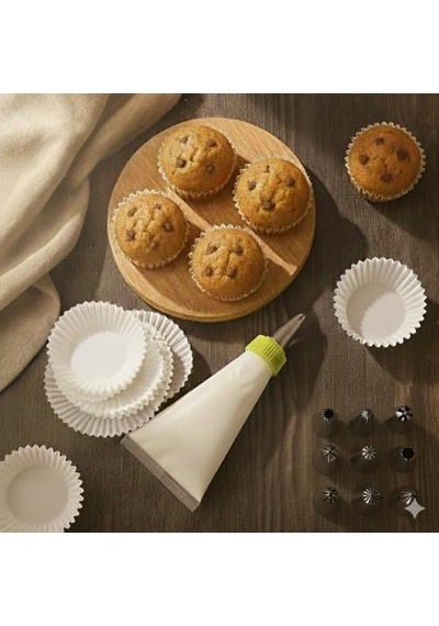 Krema Sıkma Torbası Seti 9 Çelik Uç + 100'lü Renkli Muffin Kağıdı Pasta Süsleme Ve Cupcake Yapımı İçin Pratik Set