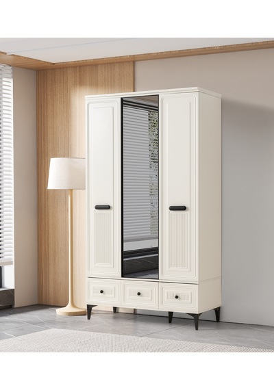 Alaska 3 Kapaklı %100 Mdf Elbise Dolabı Gardrop 117x54x212 Ekru