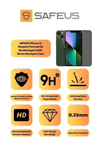 Safeus Tam Kaplayan Hayalet Parmak İzi Bırakmayan Safir Ekran Koruyucu Cam , Apple Uyumlu iPhone 13 İle