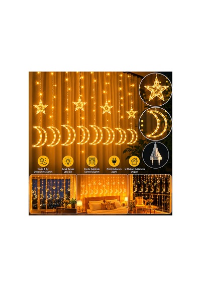 3 Metre Yildiz Ay Led Perde Isik Sicak Beyaz Dekoratif Sarkit 8 Modlu 220v Aydinlatma Sarı