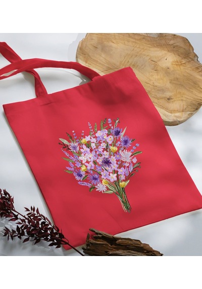 Bk Gift Çiçek Tasarımlı-9 Kırmızı Kumaş Bez Çanta, Baskılı Omuz Çantası, Alışveriş Çantası, Arkadaşa Hediye