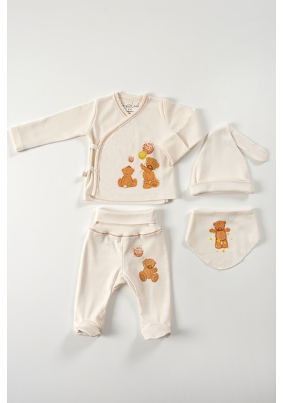 Tinylamb Fluffy Bear 4 Parça Unisex Bebek Uzun Kollu Pamuk Bodysuit Takımı Yenidoğan Ve Çocuk Hediye Seti Bej