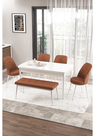 Canisa Concept Zen Serisi 80x132 Mdf Açılabilir Beyaz Masa Takımı 4 Kiremit Sandalye Ve 1 Bench Masa Beyaz Sandalye Ve Bench Kiremit Canisa Concept Zen Serisi 80x132 Mdf Açılabilir Beyaz Masa Takımı 4 Kiremit Sandalye Ve 1 Bench Masa Beyaz Sandalye Ve Bench Kiremit