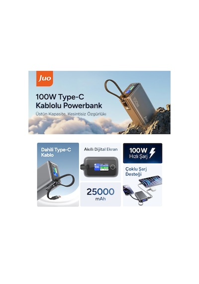 Juo 25000mah 100w Led Ekranlı Type-c Kablolu Powerbank Usb-a + Usb-c Apple Uyumlu Macbook Notebook Telefon Taşınabilir Pd Hızlı Şarj Cihazı Gri