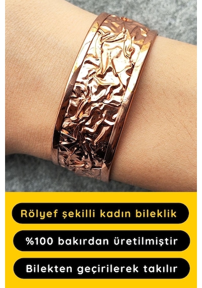 Bakır Renk Rölyef Desen Şekilli El Yapımı Ayarlanabilir Bakır Bileklik Çok Renkli