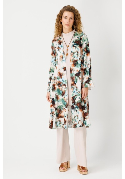 Esswaap Özel Desenli Kimono Bluz Pantolon Kolyeli Takım Bej-bej Bej