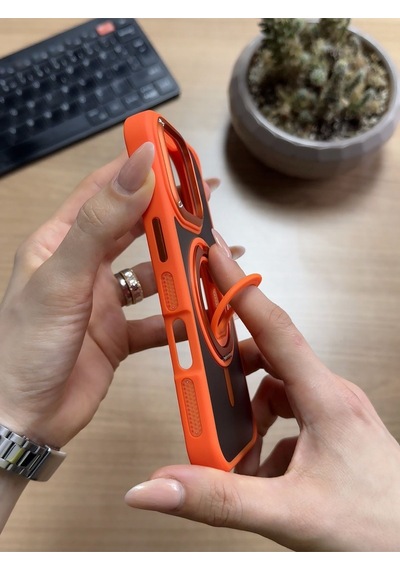 Apple Uyumlu iPhone 16 Standlı Ve Yüzüklü Magsafe Kılıf Soocase721 Turuncu