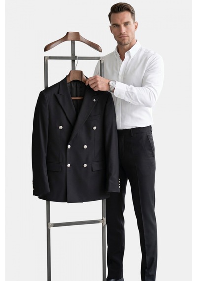 Deep Sea Deepsea Erkek Siyah Slim Fit Kruvaze Takım Elbise Likralı Çizgili Dokulu Metal Düğmeli 2600820