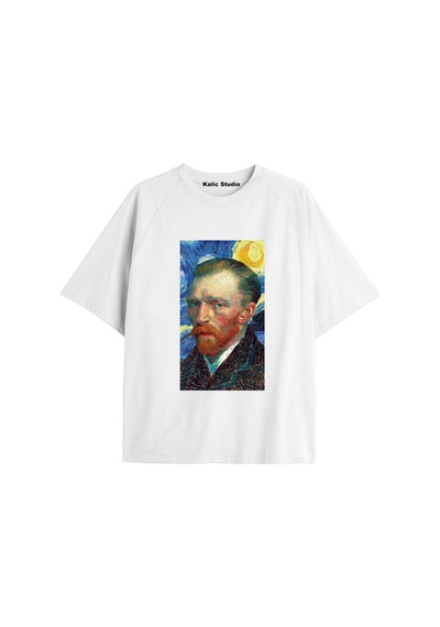 Kalic Studio Unisex Van Gogh Baskılı Oversize Tshirt Beyaz-58