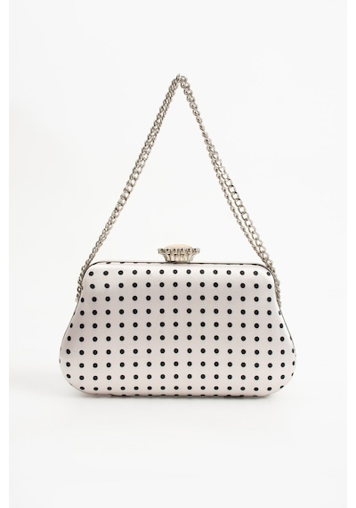 Lebibe Shoes Polkıa Ekru Saten Kumaş Puantiye Desenli Zincir Askılı Klips Kapamalı Clutch Çanta
