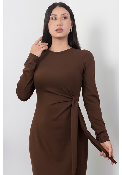 Kalopya Yandan Bağlamalı Yırtmaçlı Model Elbise Dks1136 Kahve