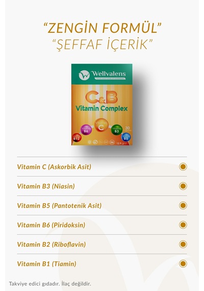 C & B Vitamin Kompleksi - 100 Mg C Vitamini, Biotin Ve B12 İçeren 30 Kapsül