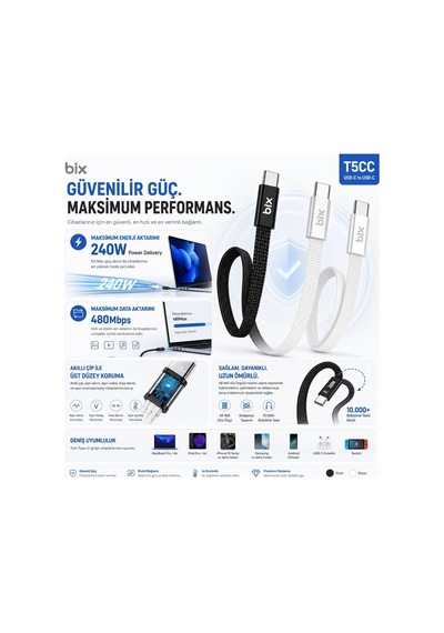 Bix T5cc-bk Siyah 1 Metre 240w Type-c To Type-c Örgülü Hızlı Şarj Ve Data Kablosu, 480mbps 240w Type C Turbo Şarj Kablosu, Tüm Type C Telefon Ve Tabletlerle Uyumludur Max 48v 5a