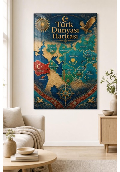 Türk Dünyası Haritası Baskılı Cam Tablo Uv Baskı Dekoratif Duvar Tablosu