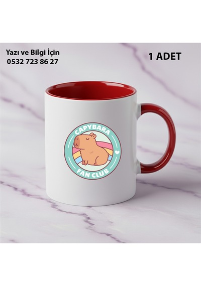 Capybara Kaliteli Porselen İsim Yazılabilir Premium Hediyelik Baskılı Kupa Bardak Doğum Günühediyesi Kırmızı
