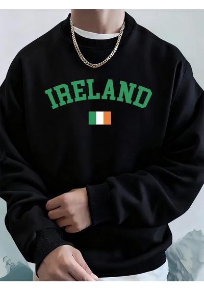 Startmore Tarzsokak İrlanda Bayrağı Baskılı Erkek Sweatshirtleri Kışlık Bisiklet Yaka Kapüşonlu Sokak Stili Polar Siyah