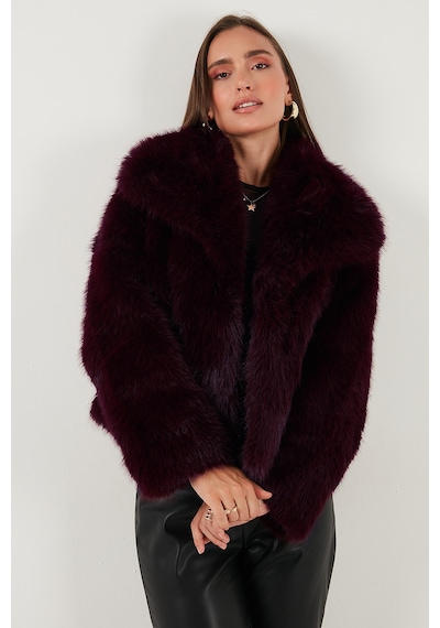 Lela Oversize Fit Gömlek Yaka Cepli Astarlı  Mont Bayan Kürk 497Berry Bordo
