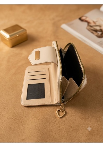 Newish Polo Kadın Şeritli Deri Desenli Telefon Kağıt Para Bölmeli Kartlık Ve Cüzdan - Orta Boy Krem