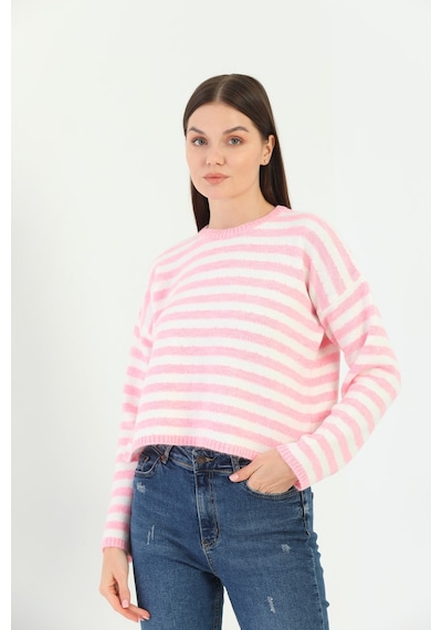 Youknitwear You Angora Çizgili Kazak Pembe