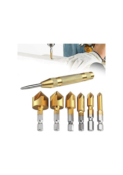 6 Parça Havşa Matkap Ucu Seti + Otomatik Punta Ahşap Mdf Metal Pah Kırma Havşa Açma Seti
