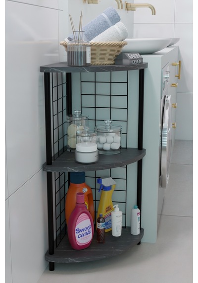 3 Raflıı Köşe Raf Banyo Ve Çamaşır Odası Çok Amaçlı Düzenleyici Metal Gövde Çevir Kur Kolay Kurulum Siyah Mermer
