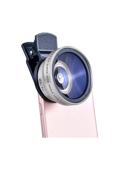 2'si 1 Arada Klipsli Telefon Kamera Lensi 0.45x Ultra Geniş Açı 10x Makro 37mm Evrensel 49mm Uv Port Gümüş
