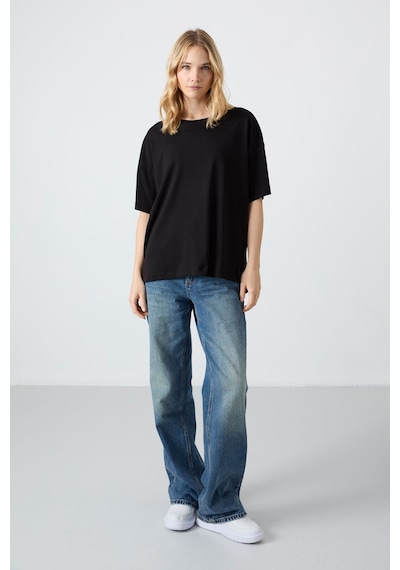 Tommy Life Siyah Penye Modal Yumuşak Tuşeli Oversize Fit Basic Kadın T-shirt- 97285 Siyah