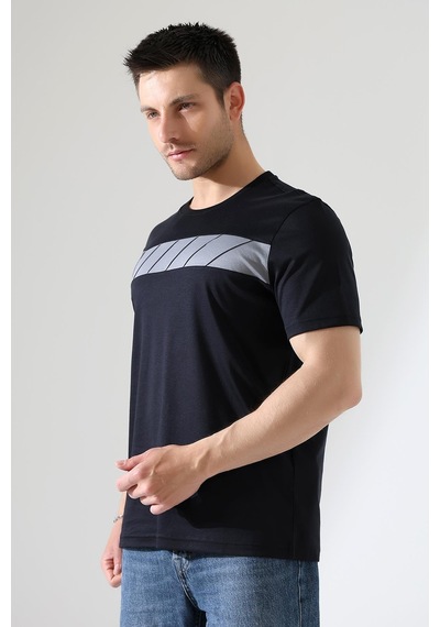 Erkek İki Renk Parçalı Bisiklet Yaka T-shirt - Pamuklu Tişört Siyah