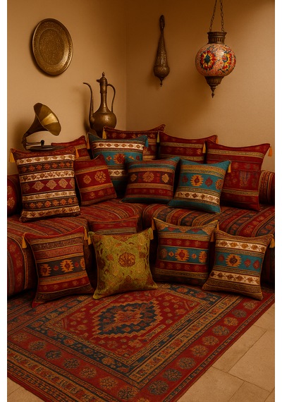 Kilim Desen 70cmx70cm Şönil Kumaş Püsküllü Minder Kılıfı No9