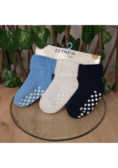 Defne Baby 3-4 Yaş 3 Çift Havlu Pamuklu Kaydırmaz Taban Kışlık Erkek Çocuk Ve Bebek Soket Çorap-596 Mavi