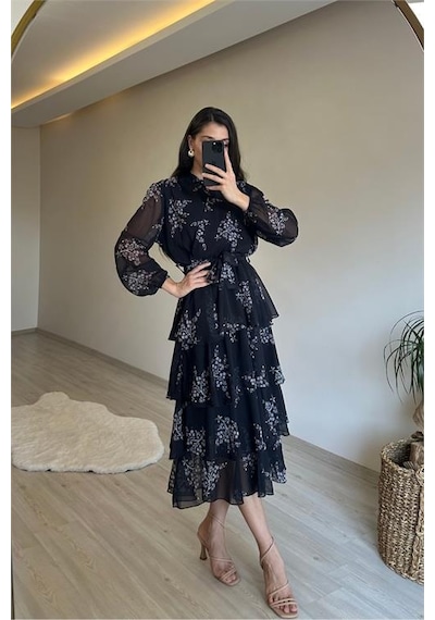 Neşeli Butik Kadın Çiçek Desenli Kat Kat Volanlı Şifon Elbise Nm014 Siyah
