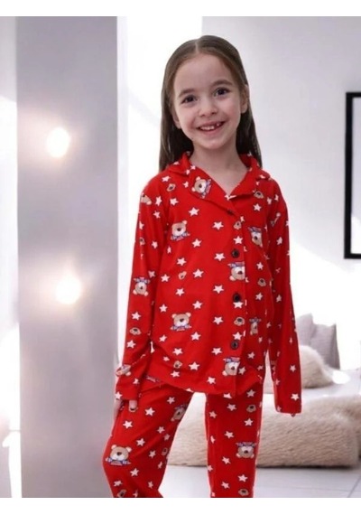 Çocuk Ayıcık Dessenli Pijama-14920 Kırmızı