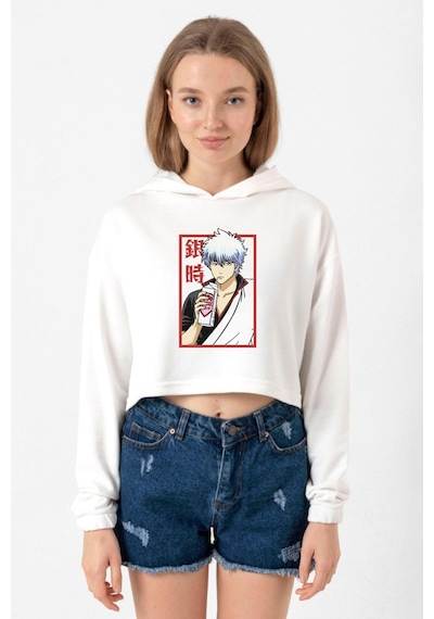 Gintama Anime Gintoki Fruit Juice Ekru Kadın Crop Kapşonlu 001