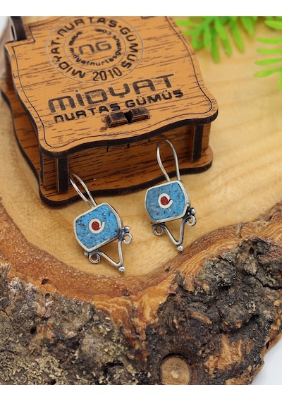 Mavi Mozaik Taşlı Altıgen Model El İşi Otantik Kadın Gümüş Küpe 201025570