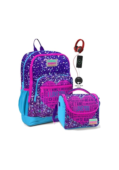 Coral High Okul Çantası Ve Beslenme Çanta Seti - Usb Soketli Mor Mavi Kalp Kız Çocuk