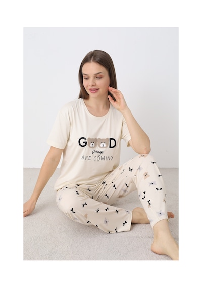 Elitol Nakışlı Milan Örme Kısa Kol Kadın Pijama Takımı Desenli-9