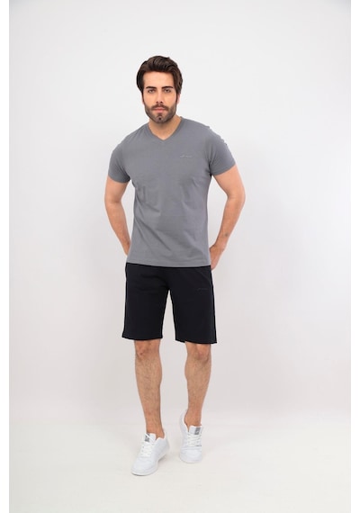 Erkek V Yaka Tshirt Şort Cep Fermuarlı Alt Üst Takım Gri Lacivert