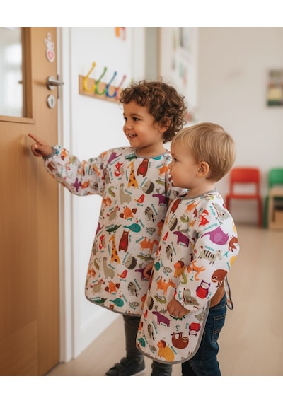 Yorni 3-6 Yaş, Zoo, Cırtlı, Sıvı Geçirmez, Makinede Yıkanabilir, Uzun Kollu Çocuk Faaliyet Aktivite Mama Önlüğü Beyaz