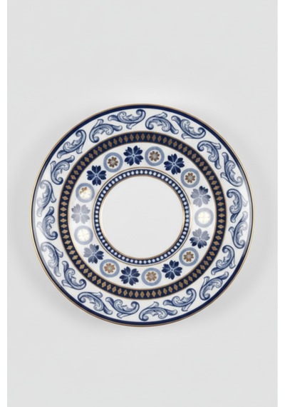6 Kişilik Mavi Lacivert Çiçek Desen Yaldızlı Çay Tabağı 12cm Beyaz