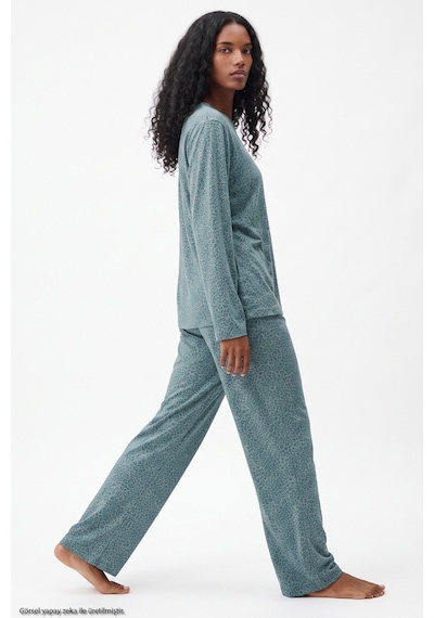 Siyah İnci Leopar Baskılı Örme Pijama Takım 8078 Yeşil Leopar