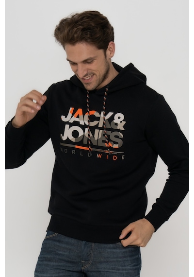 Jack & Jones Erkek Logo Baskılı Kapüşonlu Sweatshirt - Luke Black Siyah
