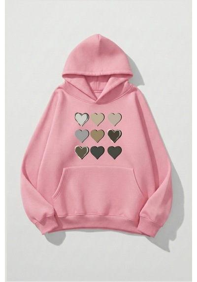 Uyguntarz Unisex Yumuşak Dokulu 9'lu Kalp Baskılı Tasarım Oversize 3 İplik Hoodie Sweatshirt Pembe